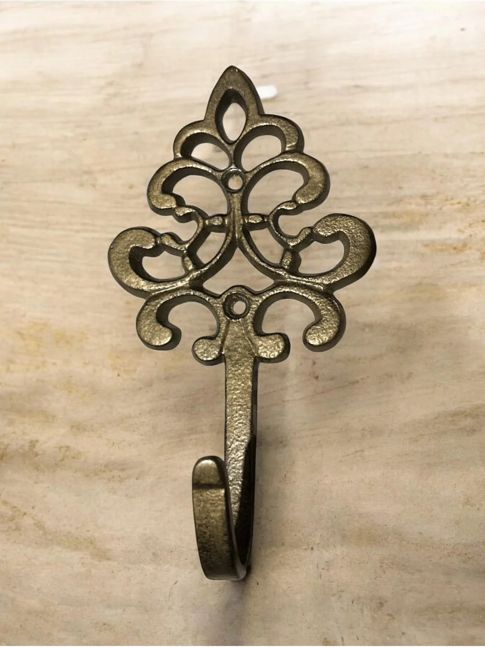VTG Style Fleur De Lis Faux Cast Iron Wall Hook Gold Bronze Ornate Scrollwork